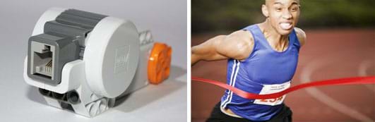 Two photos: A palm-sized white, gray and orange plastic device ( a LEGO motor) with a cord port opening. A track athlete shows extreme effort as he reaches a red ribbon finish line.