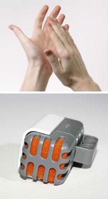 Two photos: Two hands clapping. A palm-sized gray and white plastic oblong box-shaped device with cut-out openings on one side, filled with orange foam material (a LEGO sound sensor).