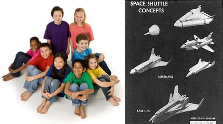 Two images: A group of eight young students smile at the camera, looking like a happy team. An old black and white drawing titled "space shuttle concepts," shows one "base line" rendering of a reusable spacecraft and five very different "alternate" designs.