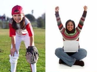 Two photographs: A young girl in baseball clothing and cap waits in the outfield with a baseball mitt. A girl sitting cross-legged with a laptop and both hands raised in victory.