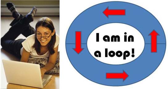 Photo shows a girl lying on the floor, working on a laptop computer. A diagram with the words "I am in a loop!" surrounded by a blue oval-shaped ring with four red arrows pointing in a counter-clockwise direction.