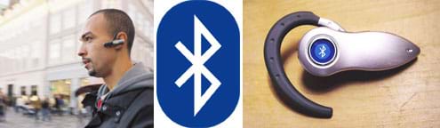 Three images: A man walks along a busy street with a device clipped around his ear. The Bluetooth logo, which looks like a white, pointy letter B with tail feathers, on a blue oval background. A photograph of a Bluetooth cell phone headset, a thumb-sized silver device with a hooked part that fits over a person's ear.