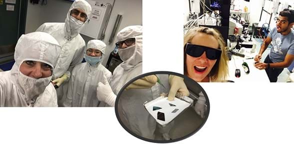 Three photographs: Four researchers, teachers and students wearing white bunny suits in advance of entering a clean room. A researcher holds a pan containing four solar cells prepared for further research; they look like sharp shapes of silver metal. (right) A researcher and a teacher work in a laser lab to characterize solar cells.