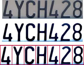 Three images of the license plate number 4YCH428. The first image shows black letters on a gray background. Next, the background is white. Then, each letter/number has a red box around it.