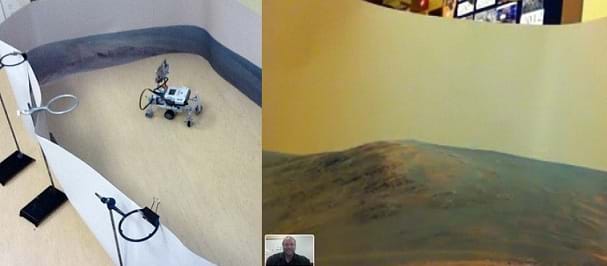 Two photos: (left) A LEGO robot acting as a Mars Rover, being controlled remotely by an Android device. The robot is within a space surrounded by a large circular paper wall, simulating a 360° image of the surface of Mars (printed on the paper). The paper is supported by ring stands, clipped to the paper with large black paperclips. (right) A screen capture from an iPod camera attached to the LEGO robot (rover) shows the simulated Mars environment of a paper wall with a printed image of the surface of Mars, and just above the paper wall, a glimpse of the classroom in the background. In the bottom left hand corner is an image of the teacher from the Facetime App.