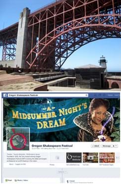 Two images: A photograph shows an arched metal truss structure supporting a portion of the end of a bridge deck. A screen capture shows the Facebook page for the Oregon Shakespeare Festival.