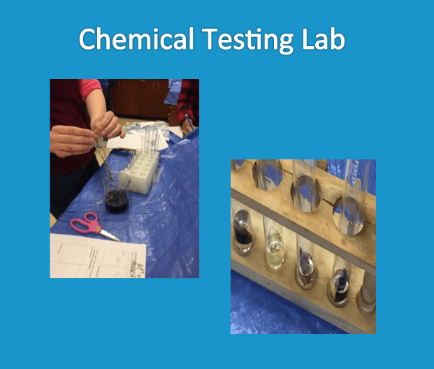Two images show students labeling and testing substrates in a laboratory setting.