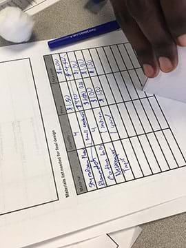 A photograph shows a student creating his material list for the soundproof activity to make sure that he is staying under budget.