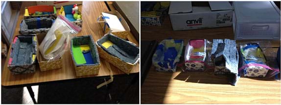 Two photographs show examples of student groups’ final project designs; multiple shoeboxes are lined with materials including felt, plastic, and foil.