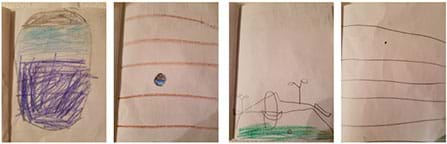 A series of four photographs show four pages with hand-drawn pictures. The first drawing shows an oval shape—a shell—filled in with varying bands and textures in three different colors (purple, blue, brown). The next drawing shows a small version of the first oval shape, now coin-sized with a background of five brown horizontal lines. The next drawing shows a shoreline with trees, beach and sand and an even smaller round image. The final drawing shows the original shell now as a tiny dot on a broad expanse of white space with five brown horizontal lines.