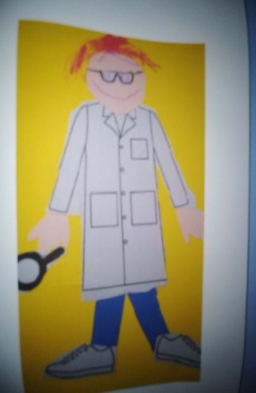 Poster of a man in white lab coat and blue pants.