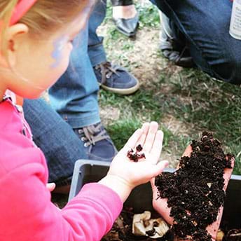Image of a girl standing near a garden bed with compost in it. The girl is using her sense of touch to feel the soil made from composting. 