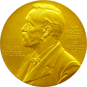 A photograph shows the front side of the Nobel Prize is shown, with the image of Alfred Nobel facing the left. It is circular, gold, and has Roman numerals 'ALFR.NOBEL. NAT-MDCCC XXXIII OB-MDCC XCVI,’ depicting Nobel’s birth and death dates.