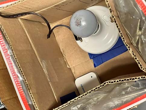 A close-up, overhead view of a box with a lightbulb inside of it. Plastic bags containing insulating materials surround the outside of the box.