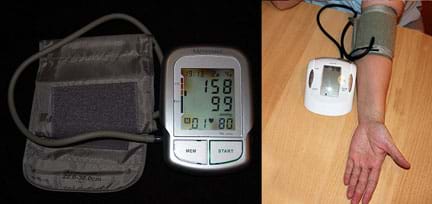 Two photographs: A portable blood pressure monitor (automatic brachial sphygmomanometer) looks like a palm-sized plastic device with memory and start buttons and a display screen, plus a thin tube connected to a wide nylon strap with Velcro patches. The display shows grade 2 arterial hypertension (systolic blood pressure 158 mmHg, diastolic blood pressure 99 mmHg) and heart rate of 80 beats per minute. A similar device with the Velcro cuff strapped tightly around a person's arm to measure blood pressure.