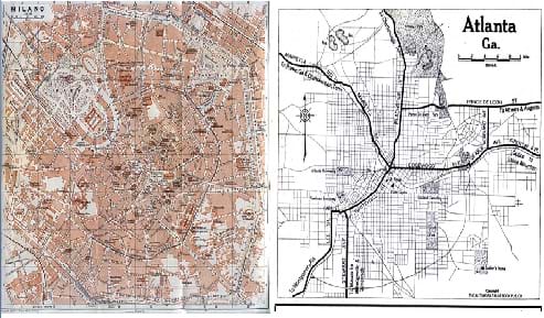 Two maps: (left)  In the Milano map, streets are laid out in a circular fashion on a tan and gray background. (right)  The Atlanta GA map shows intersecting major highways and roads crossing at city center, on a  white background.