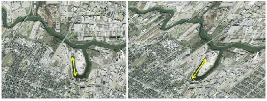 Two side-by-side panels give different views of an aerial photo of a river. The difference in the photos is in the left one; what is "north" in the right photo is pointed more up and to the left. The left map also looks stretched compared to the right, due to the differing projection method.
