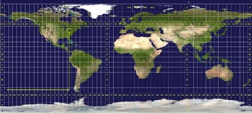 The Earth is shown as if rolled out onto a rectangular canvas.  Over the continents and oceans is a yellow rectangular grid with letters in the row and numbers in the columns.