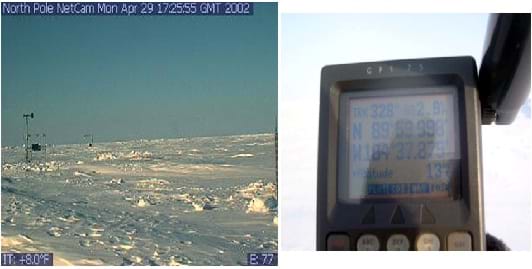 Two photos: A brightly lit icescape with human footprints and some weather monitoring apparatuses in the near and far fields. The digital display screen and buttons of a handheld plastic GPS device.