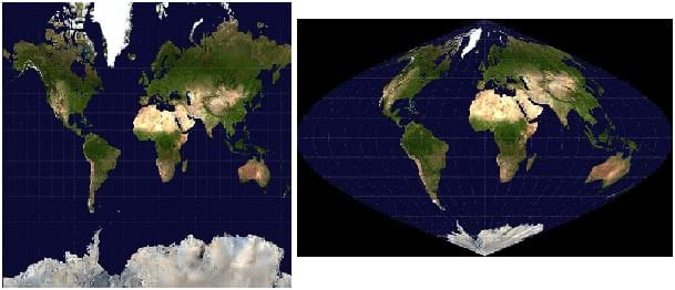Two side-by-side panels give different views of Earth in flat space. The left panel is square and filled with continents and ocean. The right panel shows the globe in only part of the frame with clear shape distortion and the poles as single points.