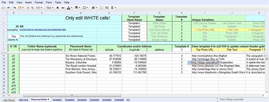 A window from a web browser. In the window is an online spreadsheet program that has various colored cells that mark where data should go and where template information is contained for map placemarks. The list of cryptids, their location names, and their location coordinates are clearly visible on the data sheet.