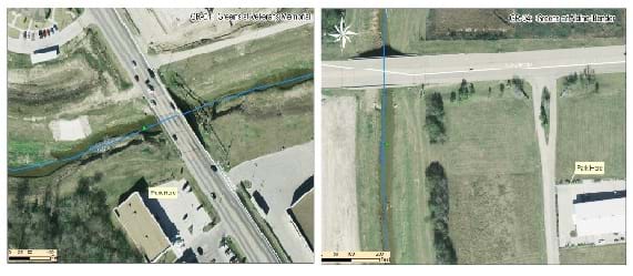 Two side-by-side panels show aerial photos with greenish water in natural channels.  Each location is crossed by a bridge, and a green dot marks the central position of the plastics survey location.