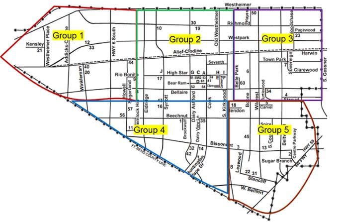 A line drawing map of part of a town, showing the main streets with street names. Colored lines (red, green, purple, blue, dark red) divide the map into five portions, labeled as groups 1-5.