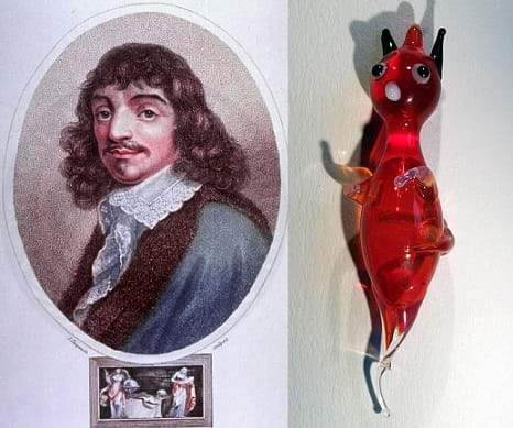 A portrait of René Descartes, a man with a mustache and long curled dark hair. A small hand-blown red glass toy Cartesian devil diver.