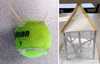 Two photos. A model composed of toothpicks glued to a tennis ball to symbolize an above-ground storage tank on legs or with spikes to protect it from debris. A model made of white copy paper, lined notebook paper and tape. The folded and rolled paper model resembles a house on stilts with a square-based pyramid-shaped roof. The square pyramid is the storage tank and the stilts protect the tank from storm surges during flood events.