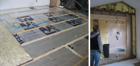 Two photos: (left) The space between wooden floor joists is filled with R-12 rigid foam insulation with a reflective barrier. (right) A man looks at yellow fiberglass batting filling the spaces between wooden wall studs.