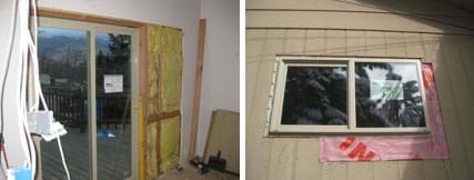 Two photos: (left) A room with an exterior glass sliding door and an unfinished wall showing fiberglass insulation between the wooden studs. (right) Exterior view of a window of a house, showing a vapor barrier around the window opening, that will be covered by siding and paint.