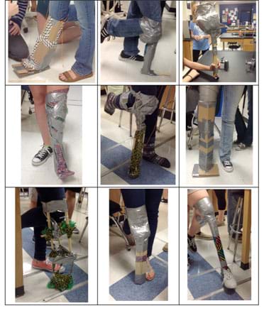 Nine photographs show examples of the replacement knee-to-foot limbs made from cardboard, duct tape, string, wood and zip ties. The prostheses are attached to bent knees using tape and/or string.