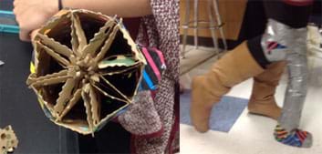 Two photographs: View of an eight-spoked wheel-shaped geometric structure made of cardboard packing material composing the inside of a prosthetic leg design. With a bent knee taped into the same completed prosthetic limb, a student takes a step.