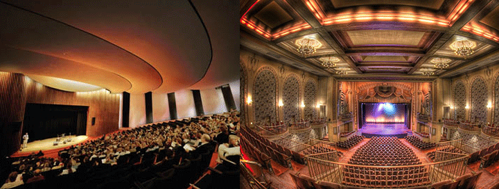 Two photos: Fermilab's Ramsey Auditorium; Lincoln Theater in Washington DC.