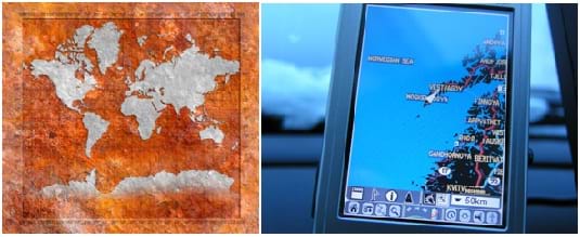 Two photos: A map of the world in Mercator projection with latitude and longitude made to look like different pieces of iron. A GPS unit being used in a car traveling somewhere in Norway judging by the road map track on the screen.