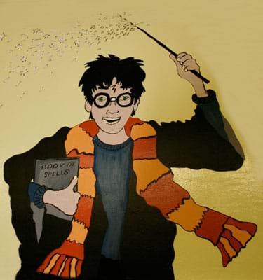 An artists' rendering of the boy wizard, Harry Potter, with a striped scarf, round glasses, book of spells, forehead scar and wand held high.