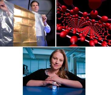 Three images: 1) a man holds a thin plastic sheet covered with a gold surface material, 2) a drawing of what looks like a long net of red dots and white connectors, and 3) a woman sits at a table with a small jar of liquid.