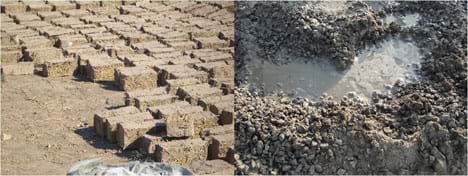 Two photographs show example composite materials. Rectangular block bricks composed of clay and straw dry on the ground in the sun. A wet mass of concrete composed of Portland cement and gravel.