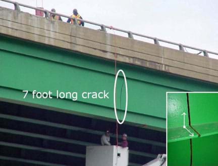 A photograph shows a 7 foot crack in the bridge girder under the roadway (deck) of a steel and concrete bridge structure.