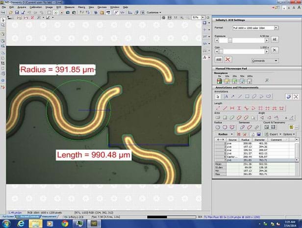A screen capture shows the user interface of the NIS-Elements 4.20 imaging software, including a right panel with an ample set of measurement tools. Example radius and length measurements are shown on-screen, overlaying a printed circuit image.