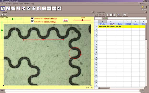A screen capture shows the interface developed in GeoGebra 4.4.40.0 to simulate measures taken with NIS-Elements imaging software.
