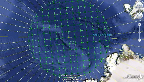 A screen capture of a grid over the North Pole represented by a mass of blue waters in Google Earth.  The grid is contained inside of a circle that contains the polar region, and it is perfectly Cartesian.  The circle extends just to the northern edge of Greenland.