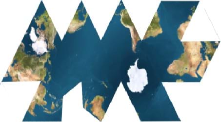 Lands and ocean of the Earth are split apart in a somewhat regular fashion.  Antarctica is in the near center and is whole while all other continents are present but split in various places leaving gaps that are not filled with extra land or water.