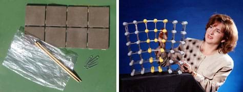 Two photos: Metal paper clips, ceramic tiles, a clear plastic bag and wooden chopsticks. A woman uses her hands to move components of a tabletop-sized 3-D grid object with balls at every intersection.