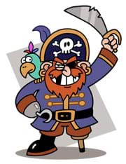 A cartoon caricature of a pirate with a beard, eye patch, a hook instead of a right hand, a wooden peg leg instead of a left leg and a parrot on his shoulder.