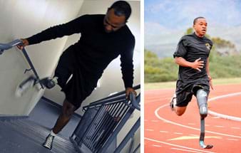 Two photographs: A man in shorts midway up a flight of stairs with hands on the railings, lifts his right leg prosthesis as he climbs up; the prosthesis foot has a laced gym shoe that matches the one on his other foot. A man with a left leg prosthesis runs around a track; the knee-to-ankle portion of the prosthesis looks like a piece of bent metal.