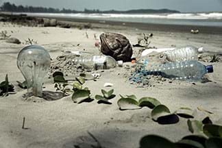 A photograph shows a white sand beach with litter in the foreground: plastic water bottles, a lightbulb and other bits of human-made trash.
