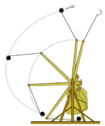 A drawing of a wooden trebuchet as it launches its payload.
