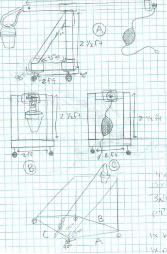 Sketch on graph paper of a trebuchet from side view, front view, and rear view complete with measurements. 