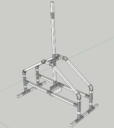 Google SketchUp design of a trebuchet, showing the frame, swing arm, and counterweight.  